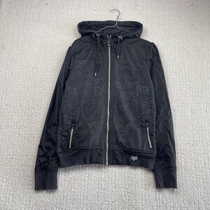 Y2K Fox Racing Softshell Hoodie Jacket Black Full Zip Women's L Goth Emo Grunge